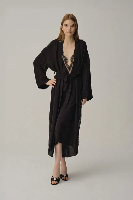 Pierre Cardin SERENA ipek saten 7'li set uzun güpürlü siyah renk - lüks gelin çeyiz seti