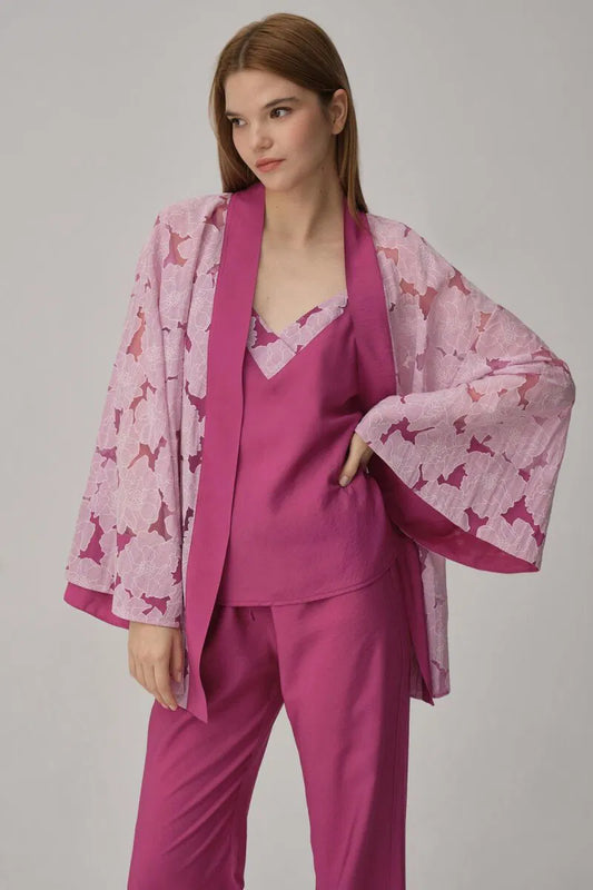 Pierre Cardin SOPHIE kadın kimonolu 3'lü pijama takımı transparan ip askılı violet renk - lüks gecelik seti