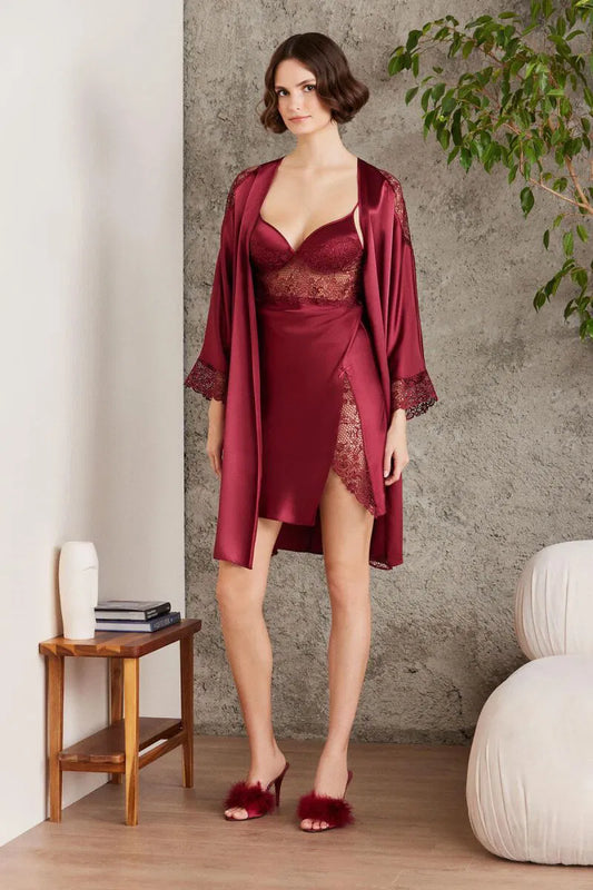 Pierre Cardin kadın saten 6'lı gecelik sabahlık takım ekru renk - lüks gelin çeyiz seti