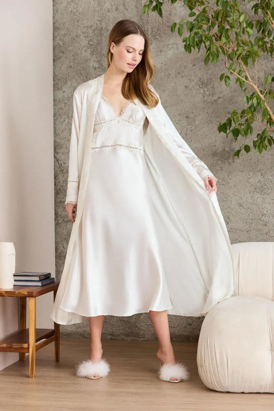 Pierre Cardin kadın saten 6'lı set uzun ekru renk - lüks gelin çeyiz seti