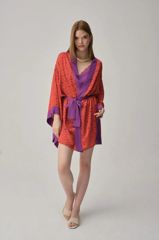 Pierre Cardin VERA desenli ipek saten gecelik sabahlık takımı violet mor renk ön görünüm