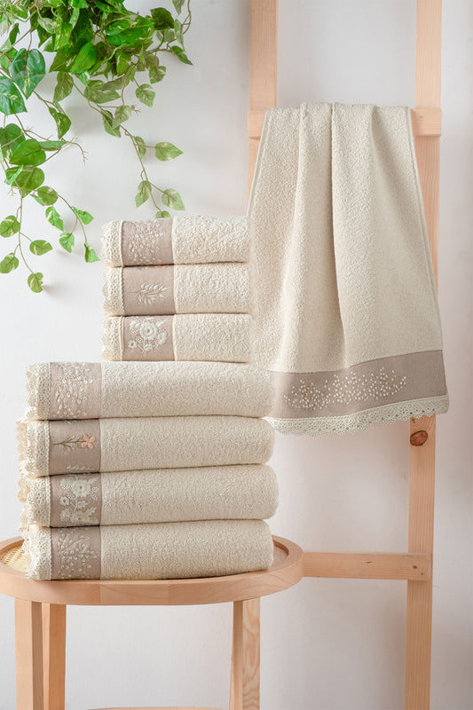 Arliva El-Yüz Havlusu 50x90 Natural Bukle Nakışlı Dantelli