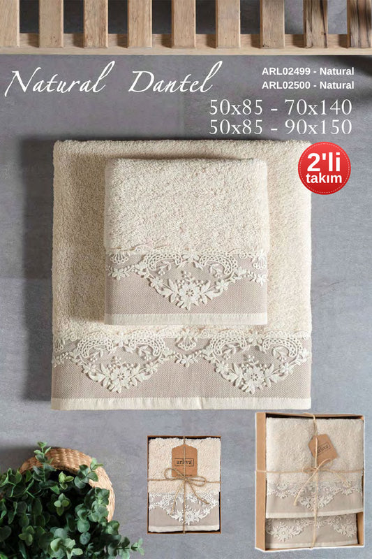 Arliva Havlu Set 50x85 90x150 2'li Bukle Nakışlı Dantelli Natural