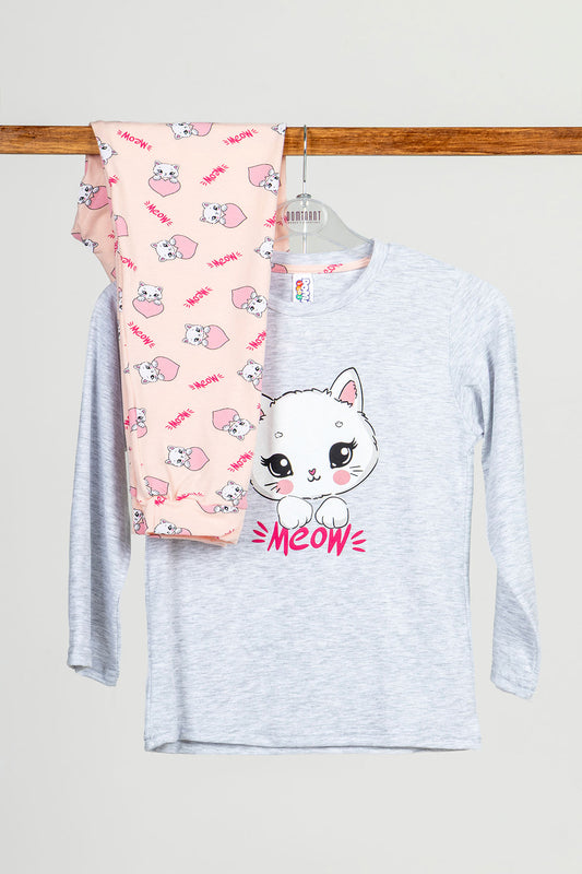 Domi Kids Kız Çocuk Pijama Takımı Uzun Kollu Kedi Baskılı Pamuklu