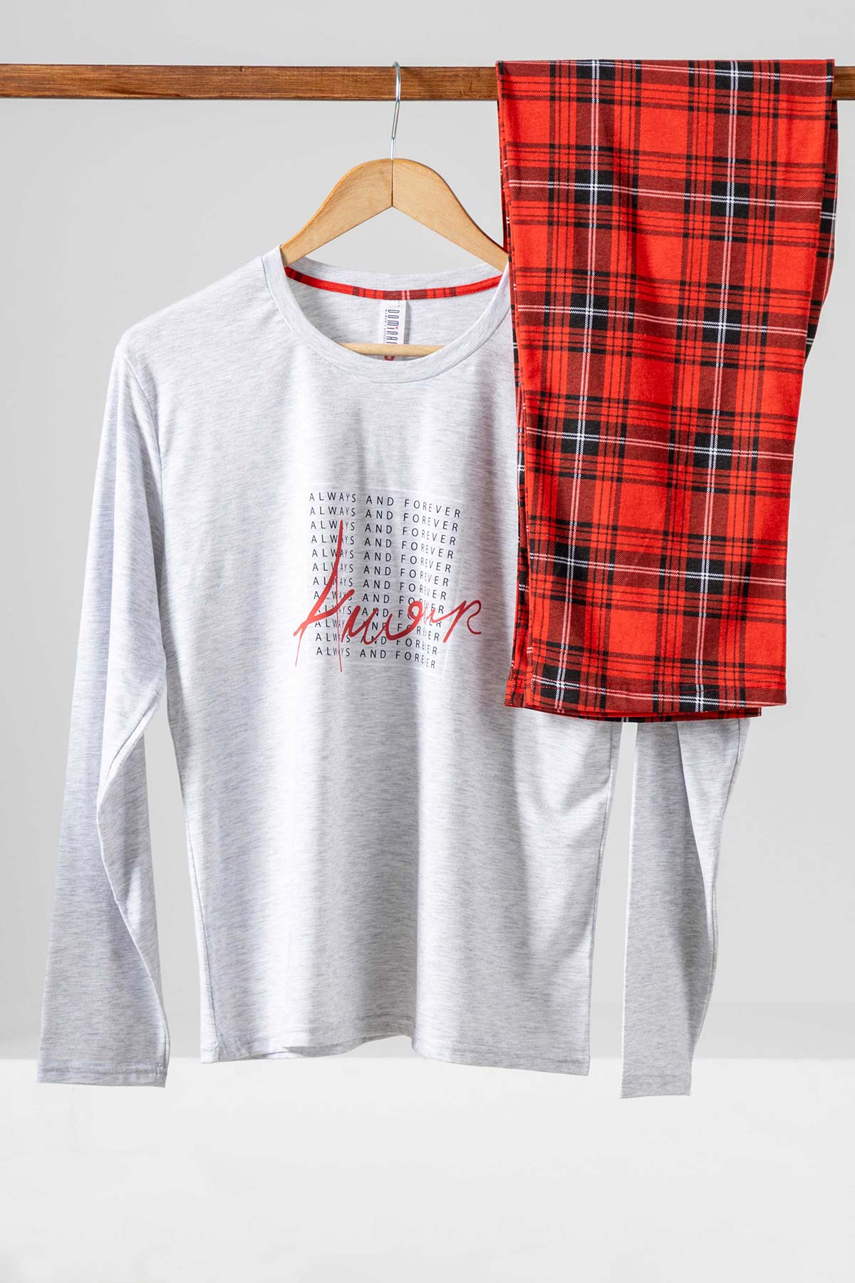 Dominant Kadın Pijama Takımı Uzun Kollu Yazılı Alt Ekose Pamuklu