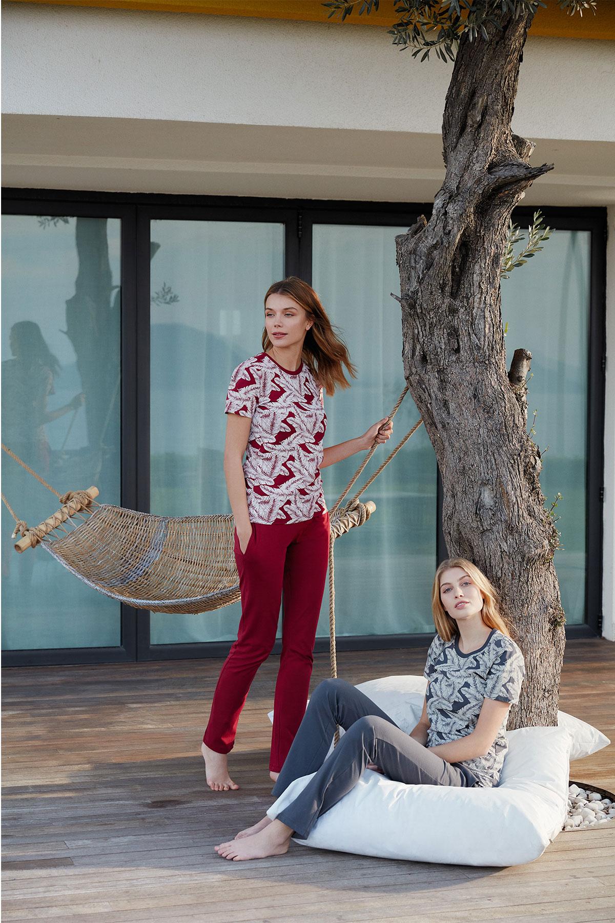 Feyza Kadın Pijama Takımı Kısa Kol Üst Desenli Pamuk Polyester