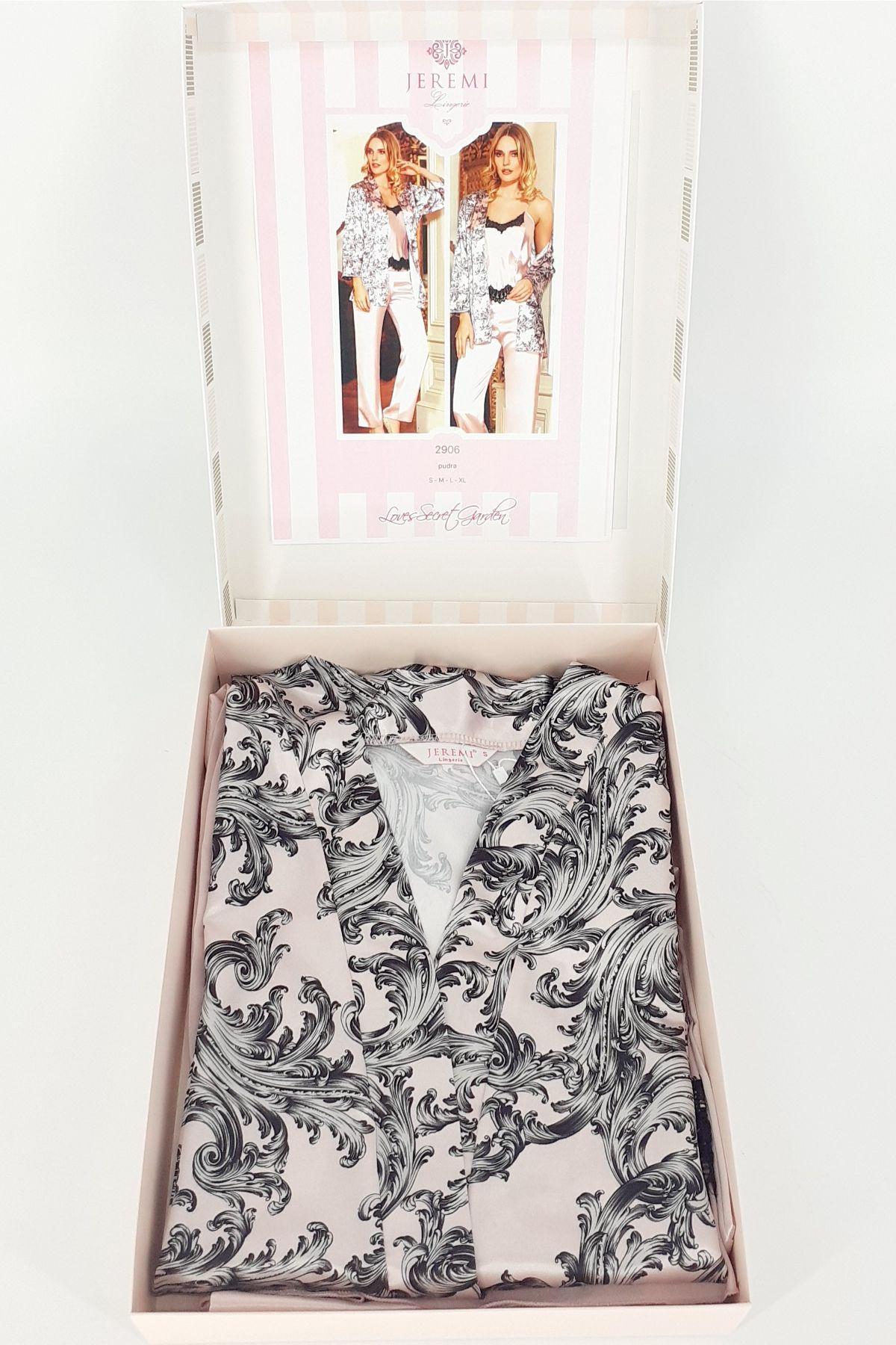 Jeremi Kadın Fantezi 3'lü Pijama Takımı Saten Desenli