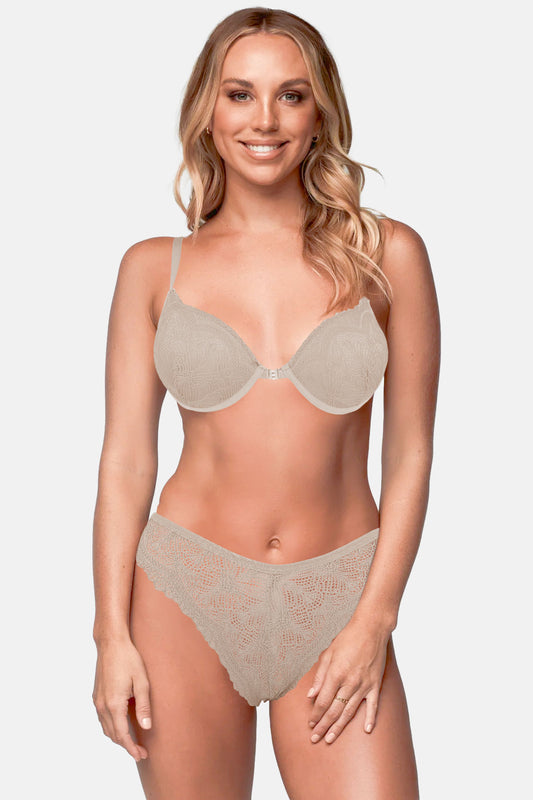 Koza Kadın Yarım Destekli Sütyen Külot Takımı Önden Agraflı Dantelli