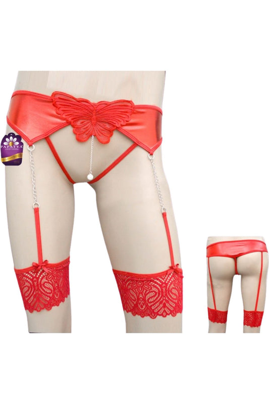 Papatya Kadın Tanga Külot Jartiyer Ortası Kelebek Önü Açık