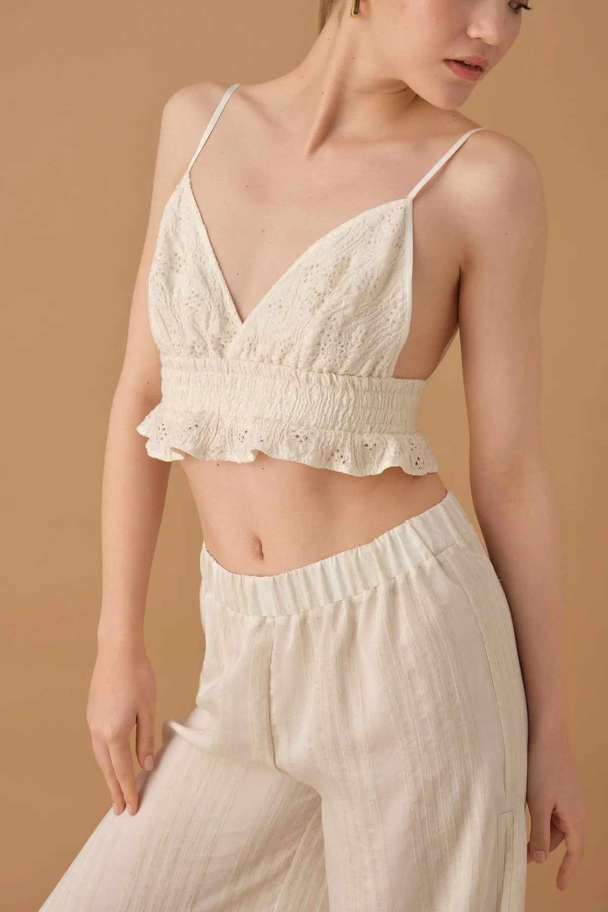 Pierre Cardin Kadın Gömlek Yaka 3'lü Pijama Takımı Keten Büstiyerli Altı Yırtmaçlı