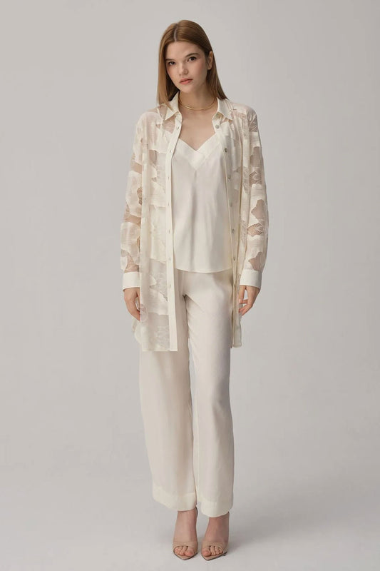 Pierre Cardin Kadın Gömlek Yaka 3'lü Pijama Takımı Transparan İp Askılı