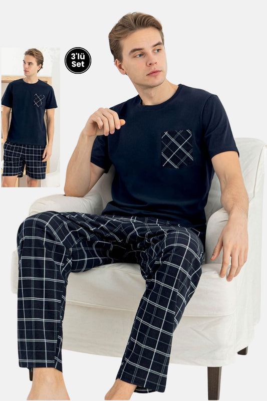 Pijaman Erkek Pijama Takımı 3'lü Kısa Kollu Bisiklet Yaka Cepli Pamuklu Ekose