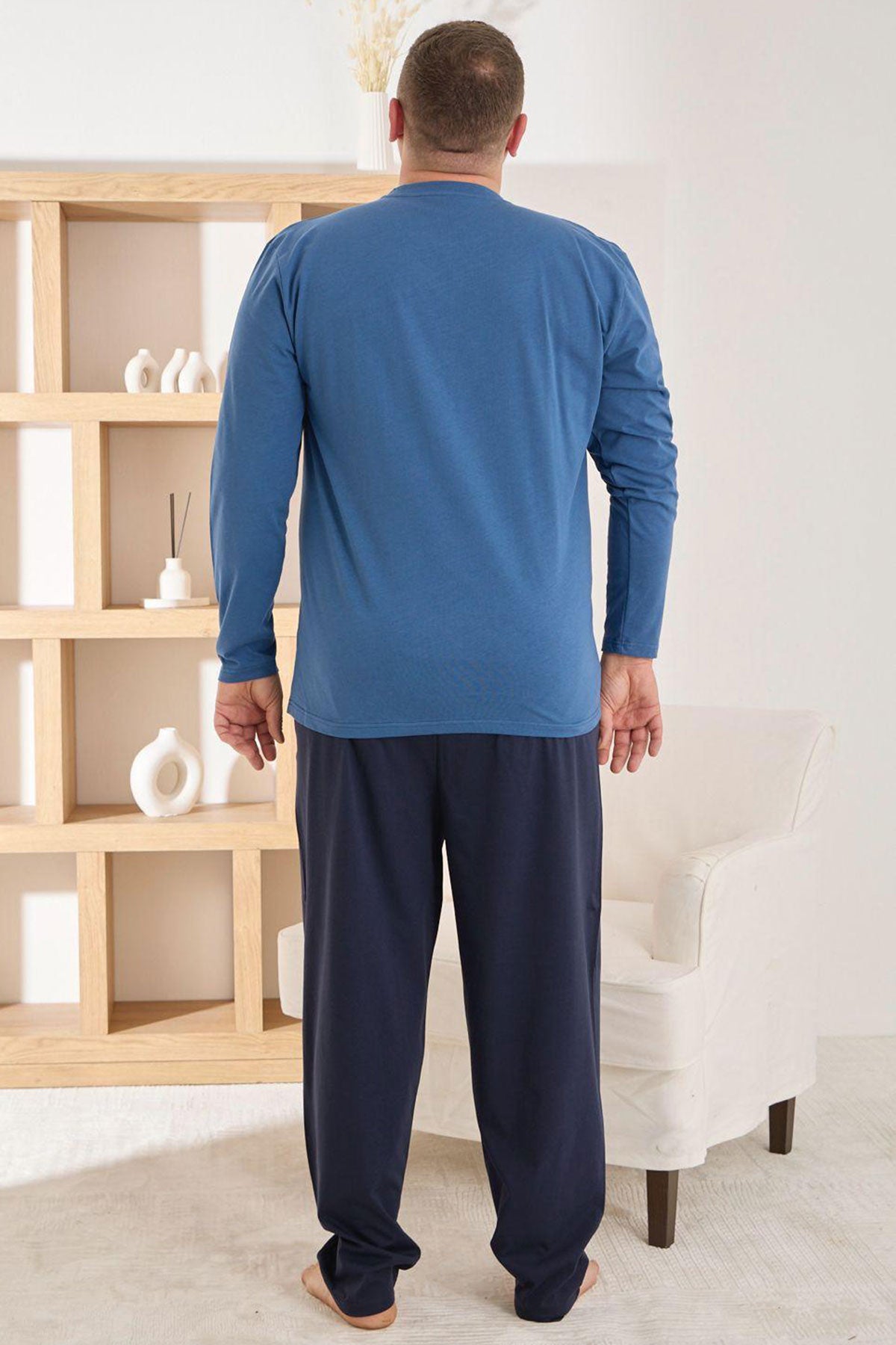 Pijaman Erkek Pijama Takımı Büyük Beden Uzun Kollu Bisiklet Yaka Pamuklu