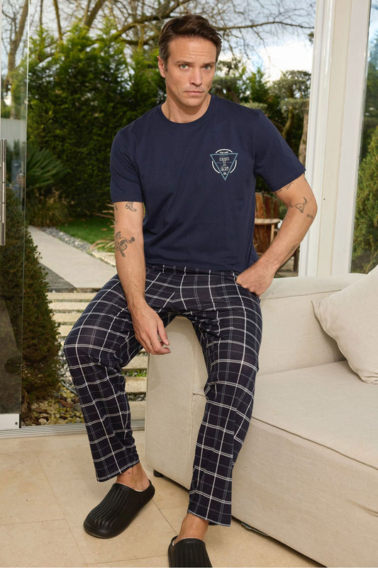 Pijaman Erkek Pijama Takımı Kısa Kollu Bisiklet Yaka Pamuklu Ekose