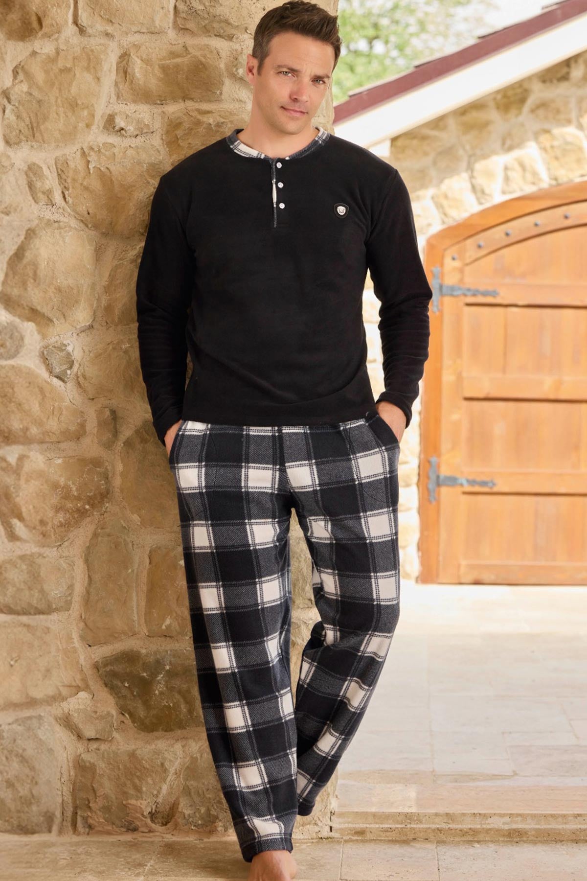 Pijaman Erkek Pijama Takımı Uzun Kollu Hakim Yaka Kareli Polar