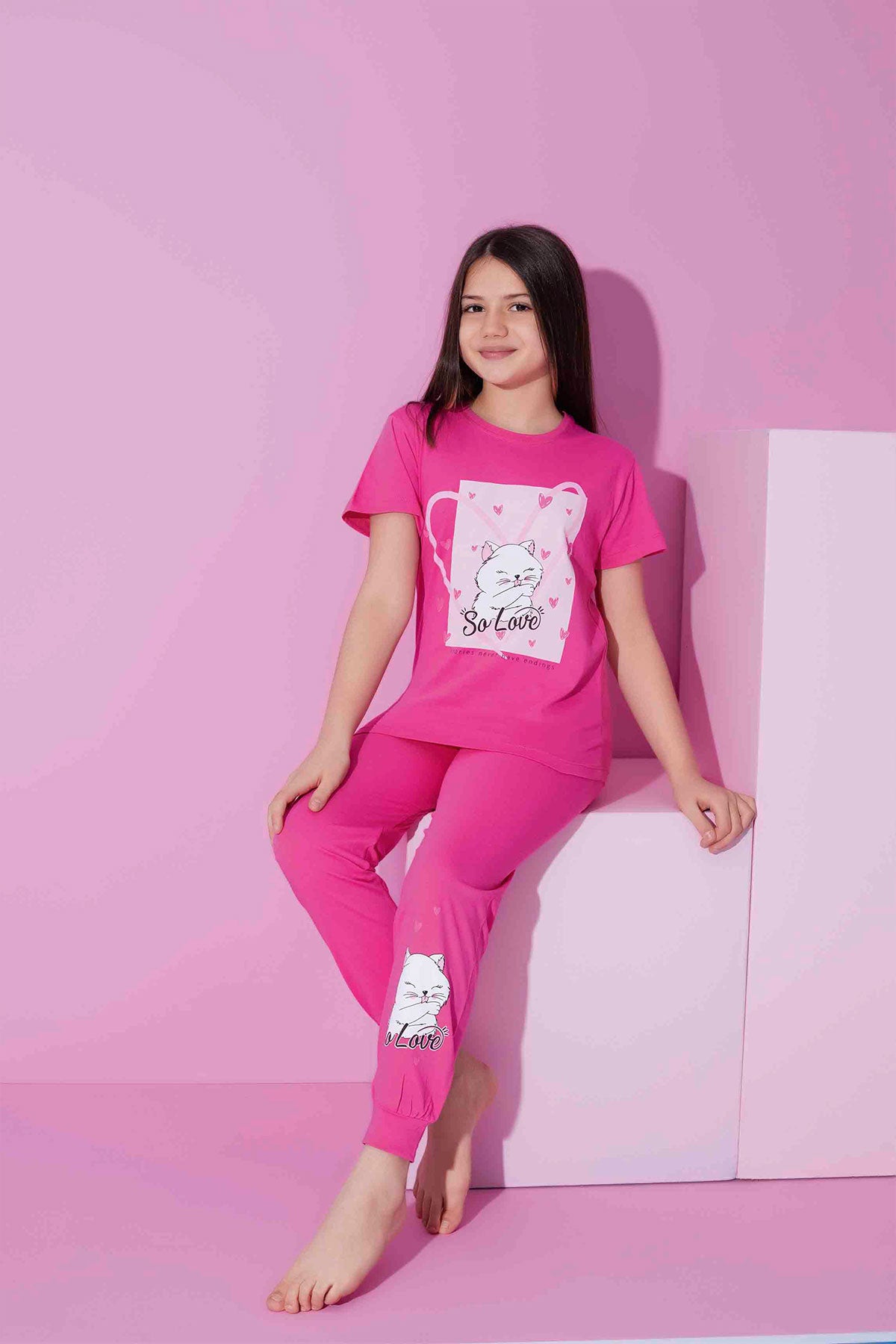 Pijamax Kız Çocuk Pijama Takımı Kısa Kollu Kedi Baskılı