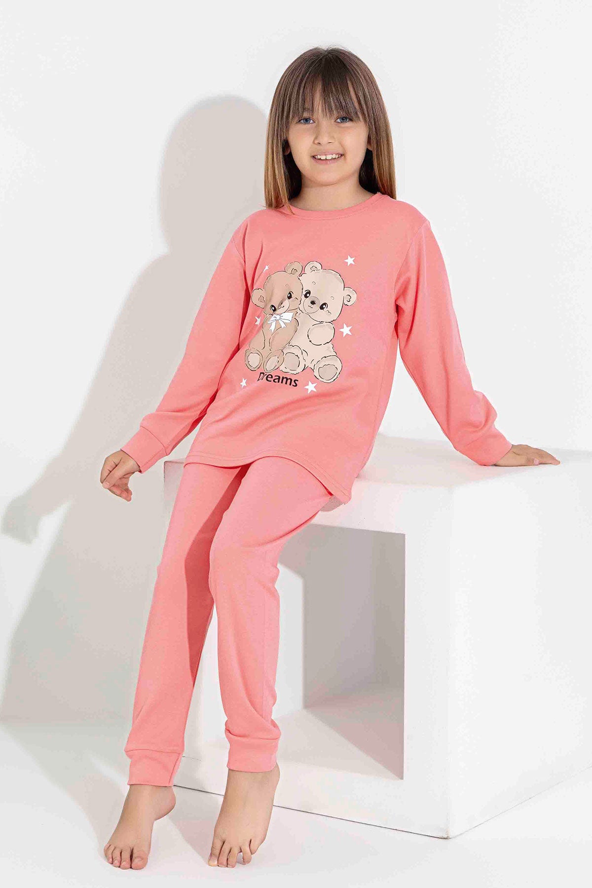 Pijamax Kız Garson Pijama Takımı Uzun Kollu Ayıcık Baskılı İnterlok Paça Manşetli