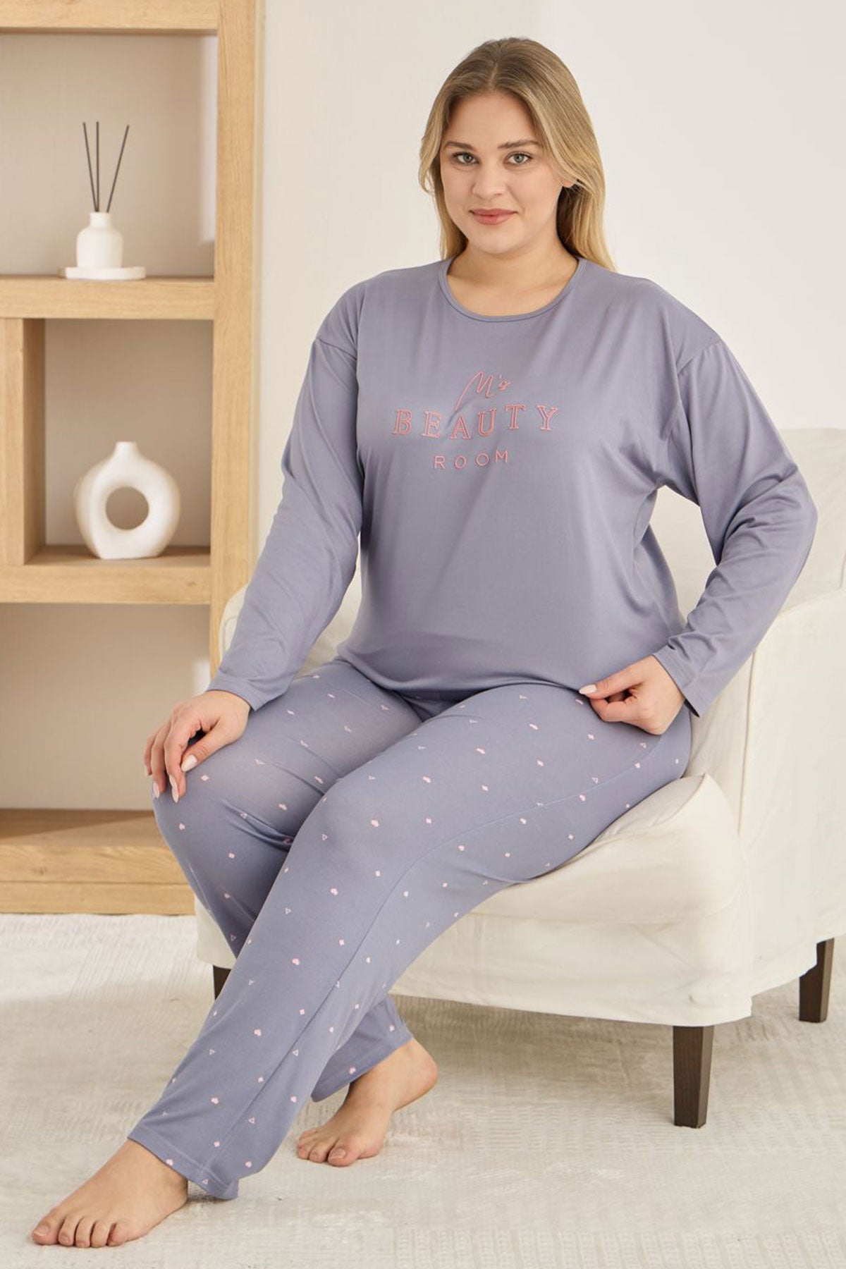 Pijamoni Kadın Pijama Takımı Büyük Beden Uzun Kollu Bisiklet Yaka Milan Desenli