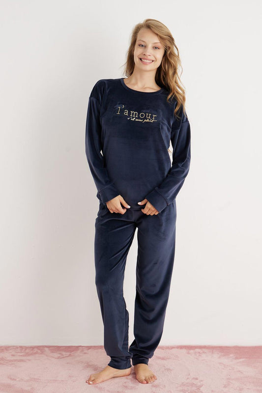 Pijamoni Kadın Pijama Takımı Fransız Kadife Yüksek Baskılı Lamour Yazılı