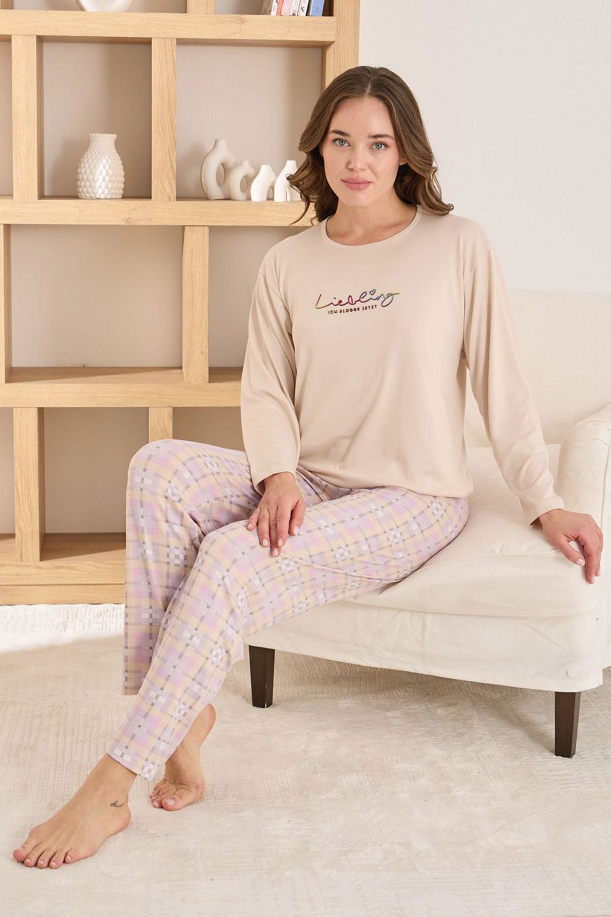 Pijamoni Kadın Pijama Takımı Uzun Kol Yuvarlak Yaka Milan Ekose Desenli