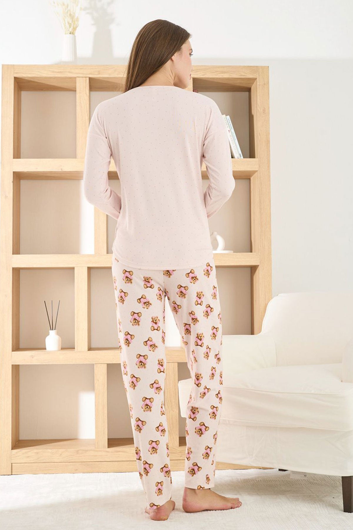 Pijamoni Kadın Pijama Takımı Uzun Kollu Bisiklet Yaka Berlin Raporlu Ayıcık Desenli