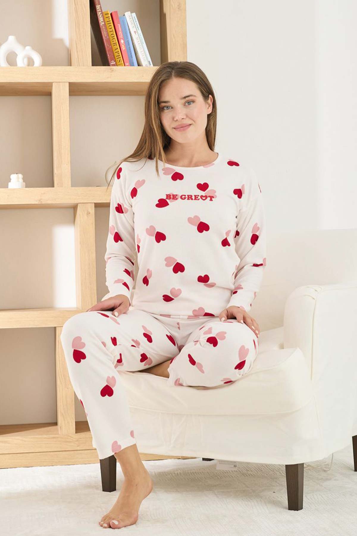 Pijamoni Kadın Pijama Takımı Uzun Kollu Bisiklet Yaka Waffle Kumaş Kalpli