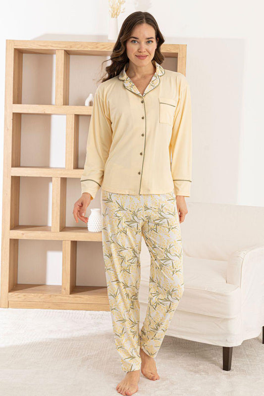 Pijamoni Kadın Pijama Takımı Uzun Kollu Gömlek Yaka Cepli Milan Kumaş Çiçek Desenli