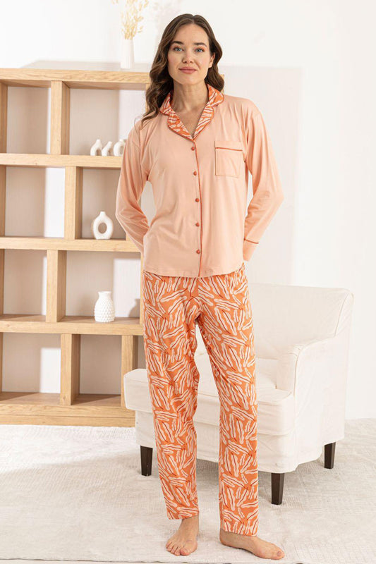 Pijamoni Kadın Pijama Takımı Uzun Kollu Gömlek Yaka Cepli Milan Kumaş Desenli