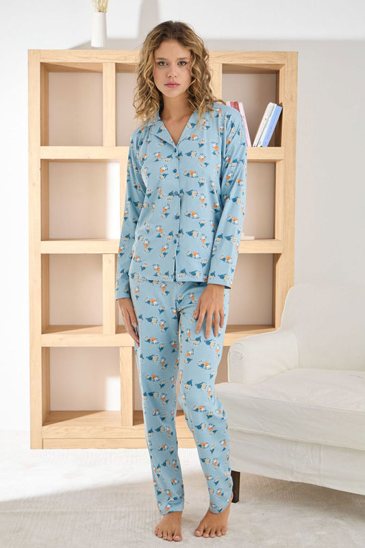 Pijamoni Kadın Pijama Takımı Uzun Kollu Gömlek Yaka Desenli Sofya