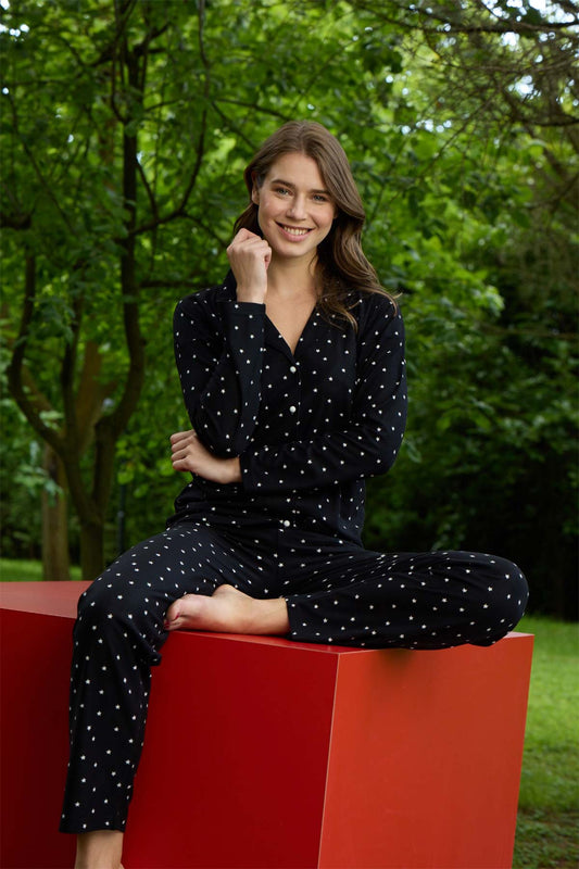 Pijamoni Kadın Pijama Takımı Uzun Kollu Gömlek Yaka Süet