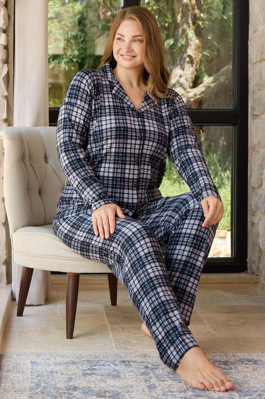 Pijamoni Kadın Pijama Takımı Uzun Kollu Gömlek Yaka Süet Büyük Beden