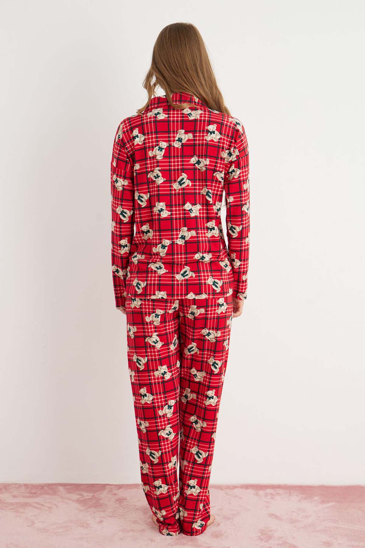 Pijamoni Kadın Pijama Takımı Uzun Kolu Gömlek Yaka Ayıcık Desenli Süet