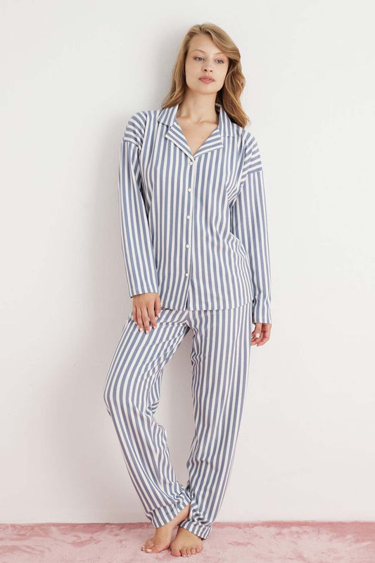 Pijamoni Kadın Pijama Takımı Uzun Kolu Gömlek Yaka Desenli