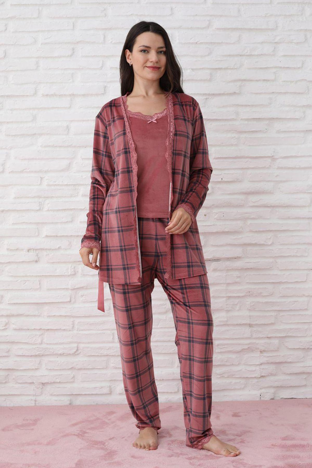 Pijamoni Kadın Sabahlıklı Pijama Takımı İp Askılı Kadife Desenli