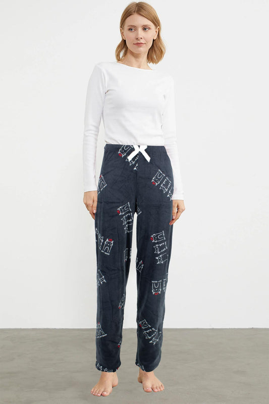 Pijamoni Kadın Tek Alt Pijama Baskılı Kadife