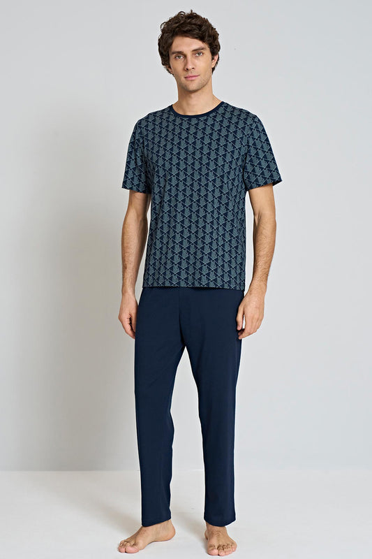 Pınarca Erkek Pijama Takımı Kısa Kollu Bisiklet Yaka Geometrik Desenli