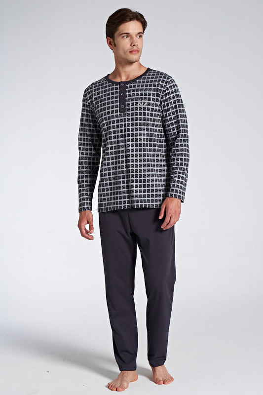 Pınarca Erkek Pijama Takımı Uzun Kol Düğmel Bisiklet Yaka Kareli