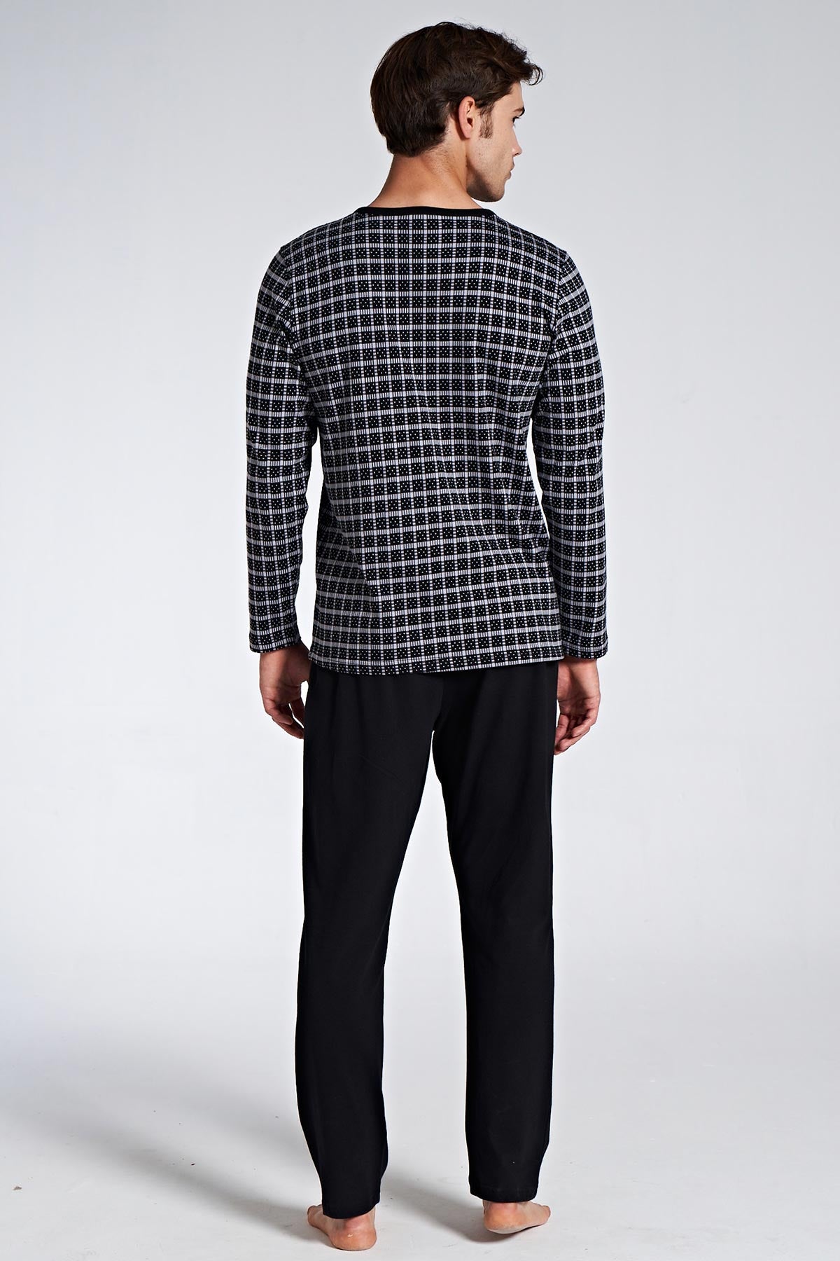 Pınarca Erkek Pijama Takımı Uzun Kol Düğmel Bisiklet Yaka Kareli