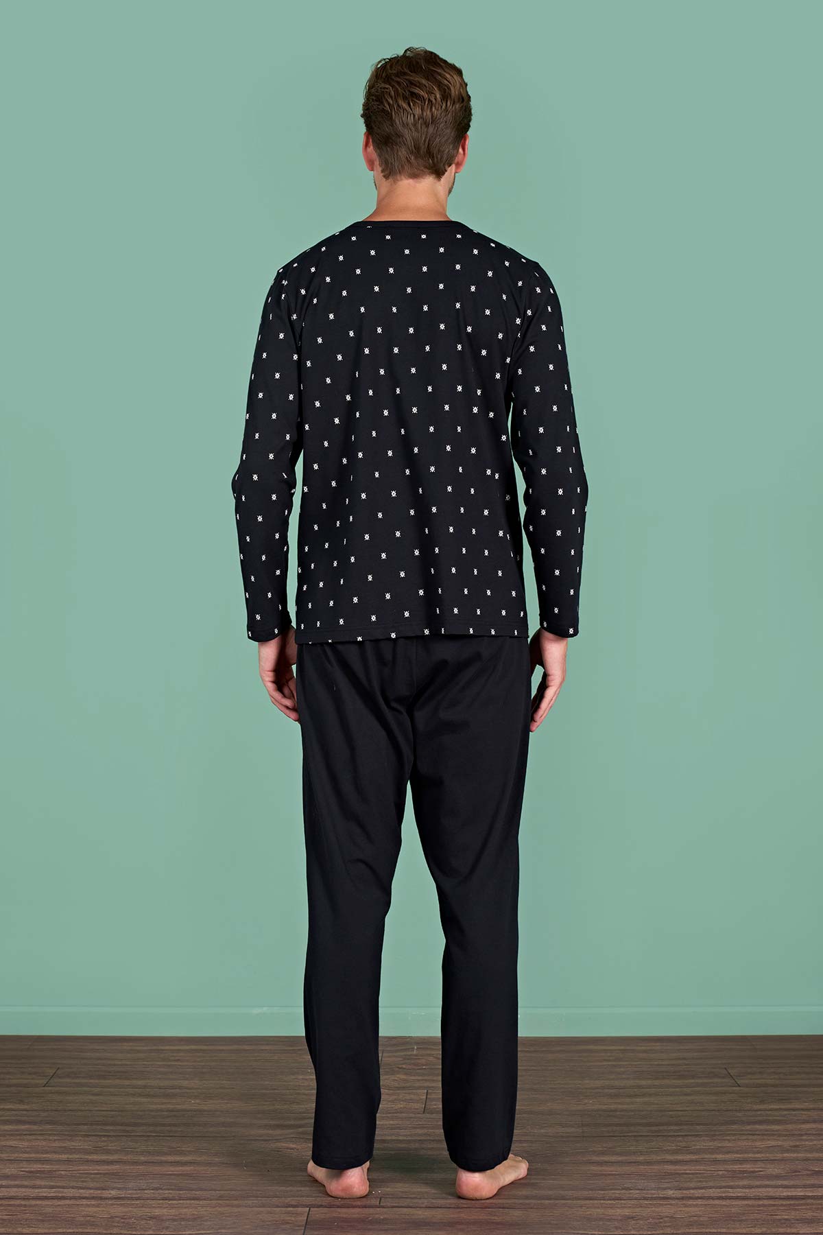 Pınarca Erkek Pijama Takımı Uzun Kollu Düğmeli Büyük Beden Desenli Pamuklu