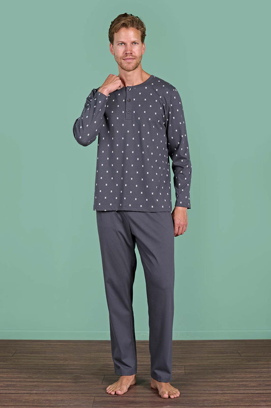 Pınarca Erkek Pijama Takımı Uzun Kollu Düğmeli Desenli Pamuklu