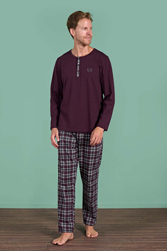 Pınarca Erkek Pijama Takımı Uzun Kollu Düğmeli Ekoseli Pamuklu Eşli