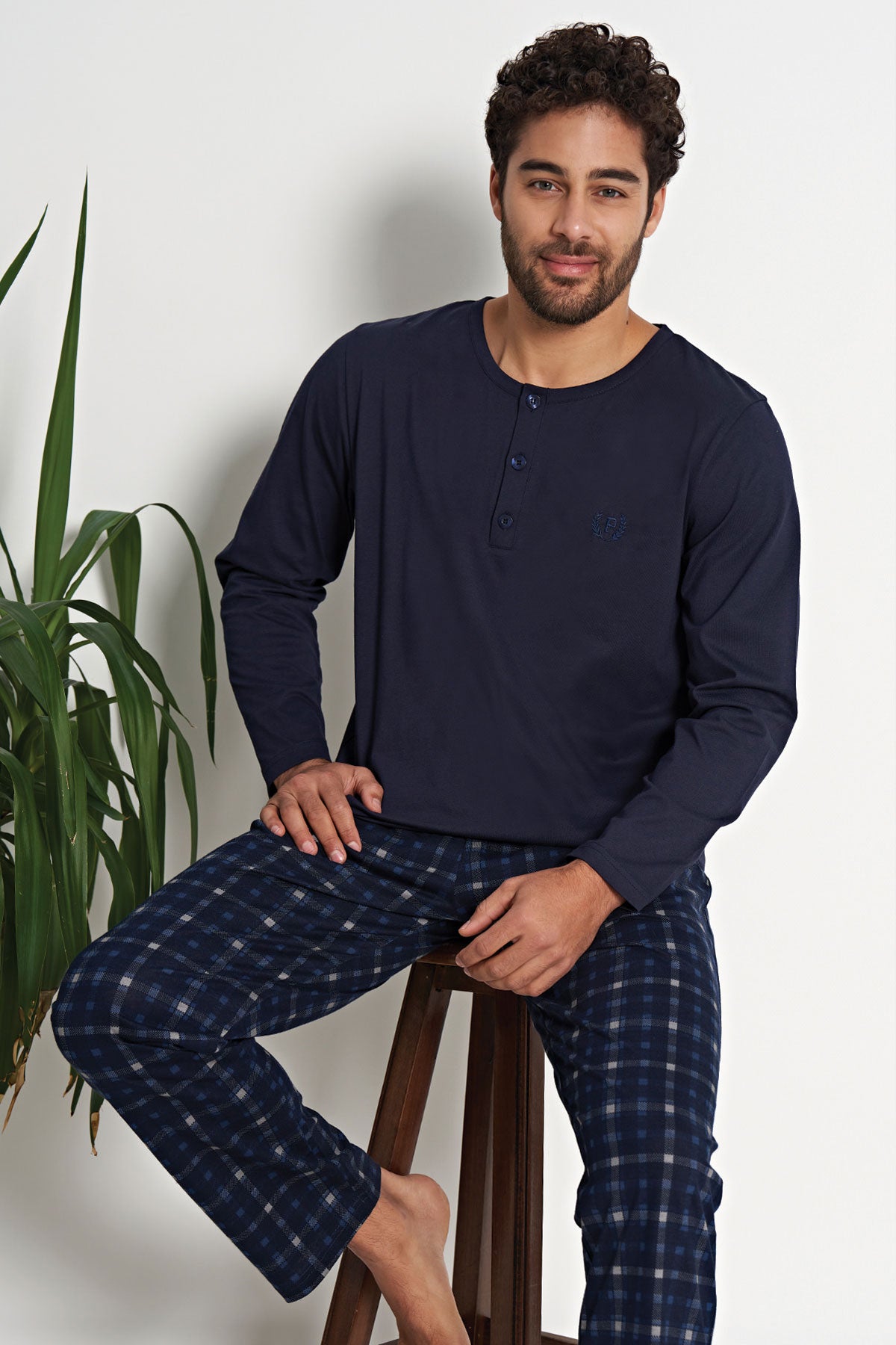 Pınarca Erkek Pijama Takımı Uzun Kollu Düğmeli Kareli Büyük Beden