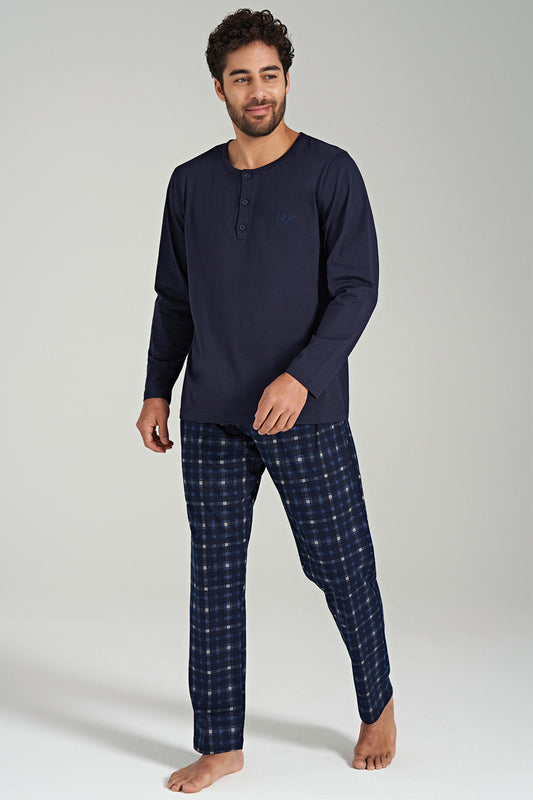 Pınarca Erkek Pijama Takımı Uzun Kollu Düğmeli Kareli Pamuklu