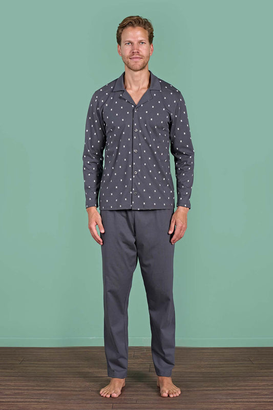 Pınarca Erkek Pijama Takımı Uzun Kollu Gömlek Yaka Büyük Beden Desenli Pamuklu