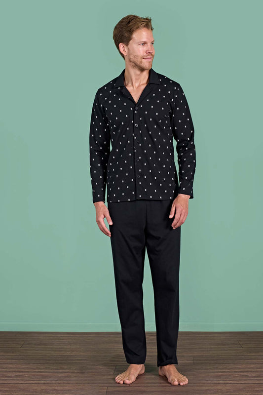 Pınarca Erkek Pijama Takımı Uzun Kollu Gömlek Yaka Desenli Pamuklu