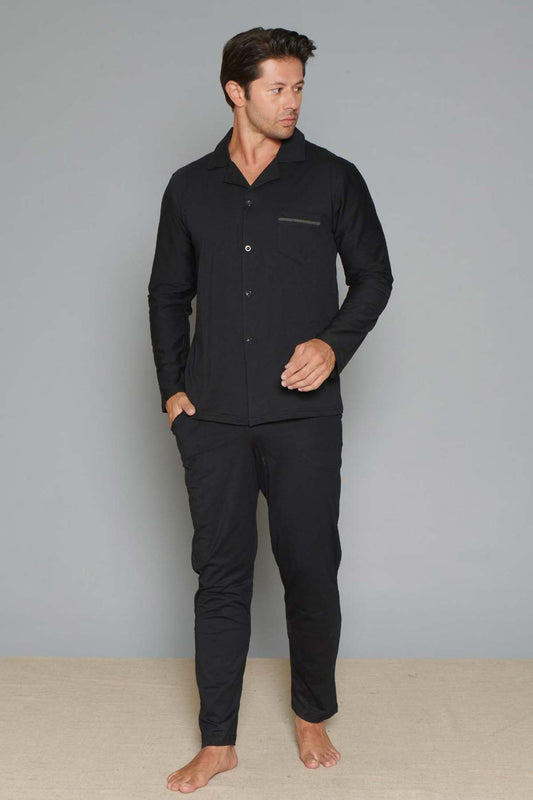 Pınarca Erkek Pijama Takımı Uzun Kollu Gömlek Yaka Düz Yaka Çizgili Cepli Pamuklu