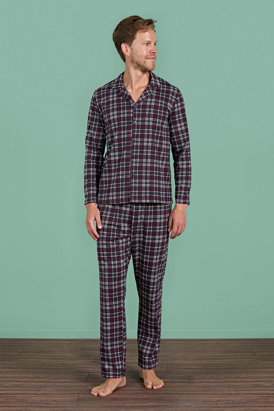 Pınarca Erkek Pijama Takımı Uzun Kollu Gömlek Yaka Ekoseli Pamuklu Eşli