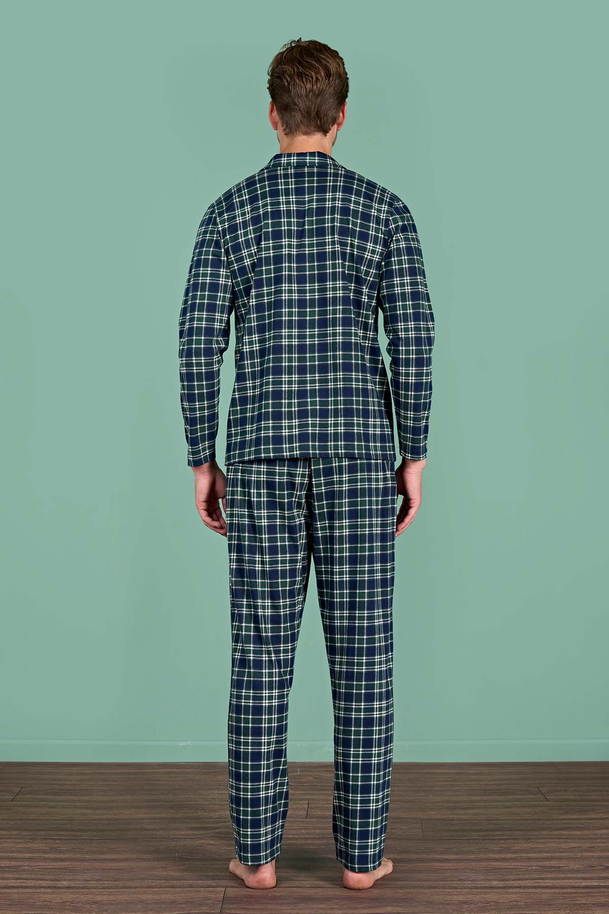 Pınarca Erkek Pijama Takımı Uzun Kollu Gömlek Yaka Ekoseli Pamuklu Eşli