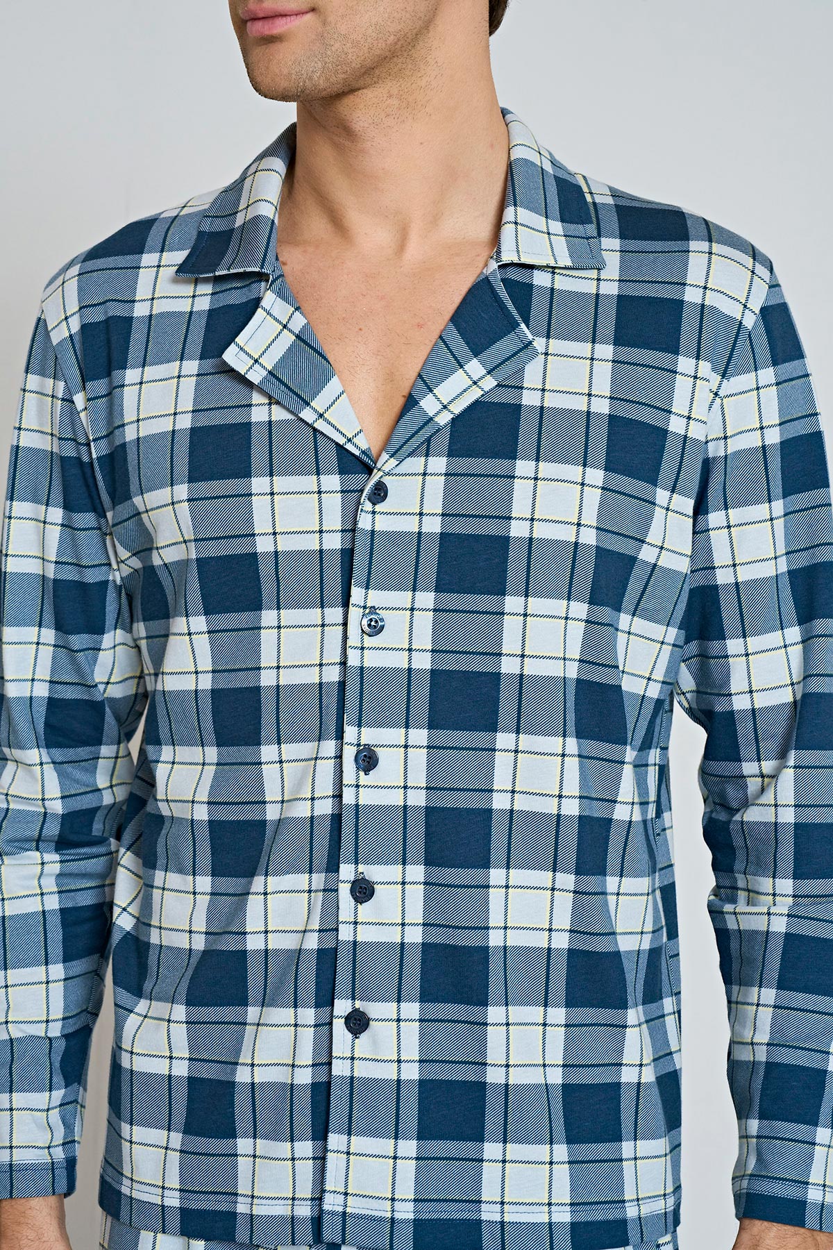 Pınarca Erkek Pijama Takımı Uzun Kollu Gömlek Yaka Penye Kareli