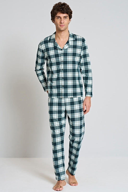 Pınarca Erkek Pijama Takımı Uzun Kollu Gömlek Yaka Penye Kareli